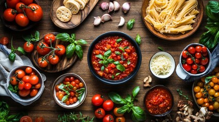 Poster - A creative flat lay of tomato-based dishes, such as salsa, pasta sauce, and a fresh tomato salad, arranged on a wooden table to showcase culinary uses.
