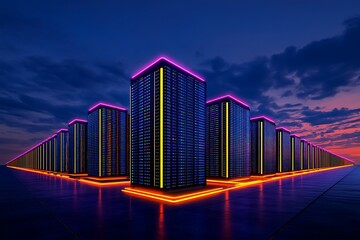 Poster - Neon-lit server farm at twilight, a futuristic data center landscape.