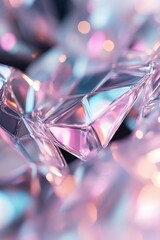 Poster - Abstract diamond-shaped sequins shimmer in pink, blue, and green hues, casting a soft glow that enhances their geometric design against a black background, captivating the viewer
