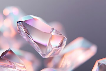 Poster - Abstract diamond-shaped sequins in pink, blue, and green tones glow against a neutral backdrop, with dynamic light highlights creating captivating reflections and depth
