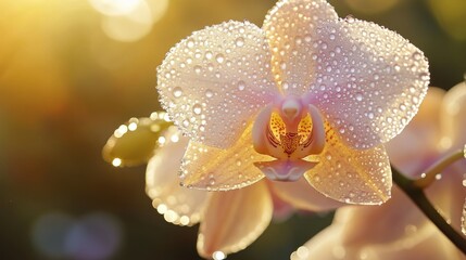 Poster - A delicate orchid with dew drops on its petals, captured in soft morning light, highlighting the elegance and freshness of the flower.