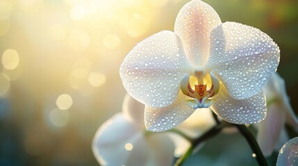 Poster - A delicate orchid with dew drops on its petals, captured in soft morning light, highlighting the elegance and freshness of the flower.