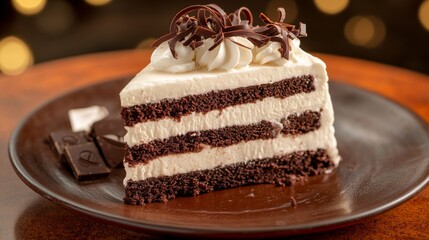 Poster - A delicious slice of chocolate cake with layers visible, topped with glossy chocolate frosting and decorative chocolate curls on a rustic plate