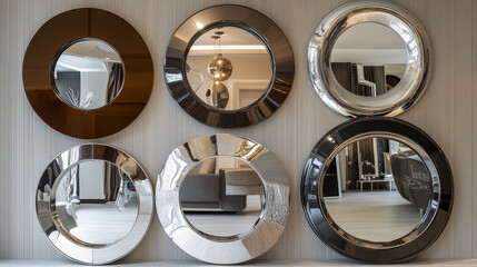 Poster - Realistic round and square mirrors in frames with light reflection. Modern mirror shapes designs. Glass with reflective surface vector set. Illustration of realistic mirror round and square