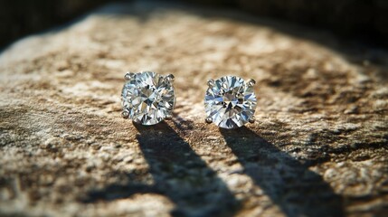 Leinwandbilder - A detailed macro view of a pair of classic diamond earrings resting on a textured surface, with soft shadows enhancing the depth and dimension
