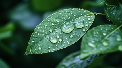 Aufkleber - A detailed shot of a leaf with dew drops in a rain-drenched garden, showcasing the natural beauty and resilience of plants in wet conditions.