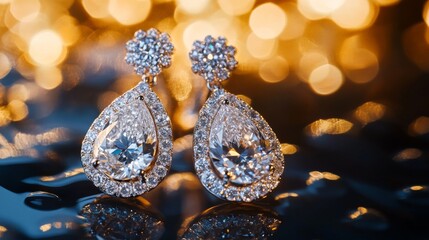 Poster - A detailed shot of a pair of diamond earrings with a unique design, captured with a macro lens to emphasize the cut and sparkle of each stone.