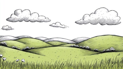 hand-drawn illustration of a green rolling hills landscape with a white sky and clouds.