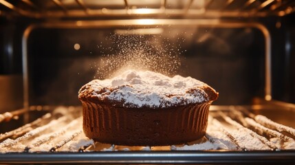 Poster - A dramatic shot of a chocolate souffl rising in the oven, with a rich brown color and a dusting of powdered sugar on top, emphasizing its airy texture