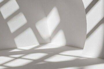 Poster - Abstract soft black shadows from geometric shapes play on a white surface, adding depth and movement, ideal for sophisticated branding with room for text
