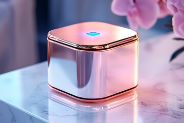 Poster - Rose Gold Modern Device with Subtle Blue Illumination on Marble Surface