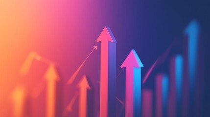 Fototapete - A dynamic D bar graph with arrows pointing upward, set against a gradient background, symbolizing data trends, economic growth, and financial success.