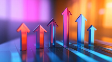 Fototapete - A dynamic D bar graph with arrows pointing upward, set against a gradient background, symbolizing data trends, economic growth, and financial success.