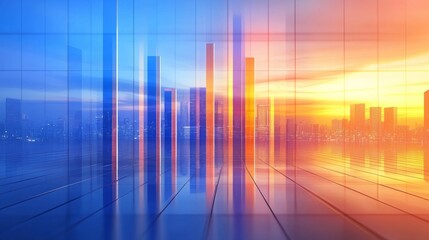 Aufkleber - A dynamic bar graph with tall, shiny bars in blue and orange, standing on a reflective grid, symbolizing financial success and economic performance