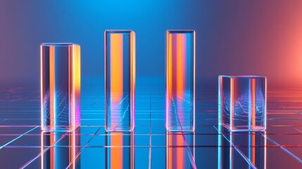 Aufkleber - A dynamic bar graph with tall, shiny bars in blue and orange, standing on a reflective grid, symbolizing financial success and economic performance