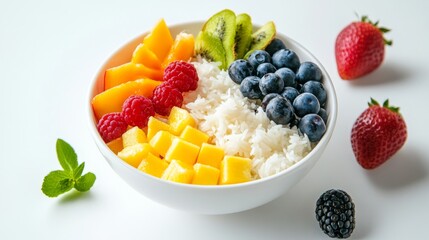 Poster - A dynamic shot of a bowl of Thai sweet sticky rice with coconut milk and fresh fruit slices, placed on a white background to showcase the desserts vibrant and inviting appearance.