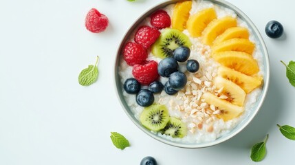 Poster - A dynamic shot of a bowl of Thai sweet sticky rice with coconut milk and fresh fruit slices, placed on a white background to showcase the desserts vibrant and inviting appearance.