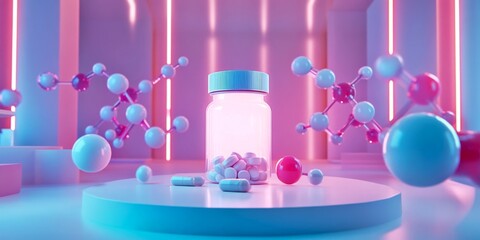 Poster - A vibrant container holds colorful pills surrounded by floating molecular structures. The scene features modern lighting and a digital aesthetic. Ideal for health and science themes. AI