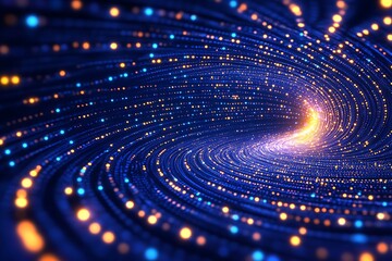 Poster - Abstract swirling vortex of luminous particles, glowing in blue and orange.