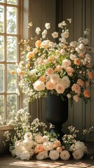 Poster - A striking matte navy podium holds a lush bouquet filled with soft peach and white roses, interspersed with delicate blossoms, basking in gentle sunlight from nearby windows