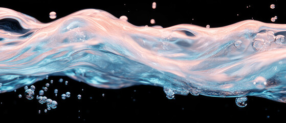 Poster - Dynamic upward motion of water and air bubbles on a black background