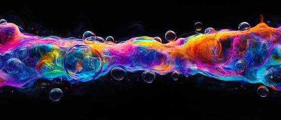Poster - Vibrant water bubbles with colorful liquid overlay against a dark background