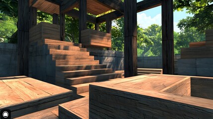 Poster - A virtual reality game designed to teach architectural design and spatial reasoning through creative building  The image shows a contemporary minimalist wooden structure with a modern roof stairs
