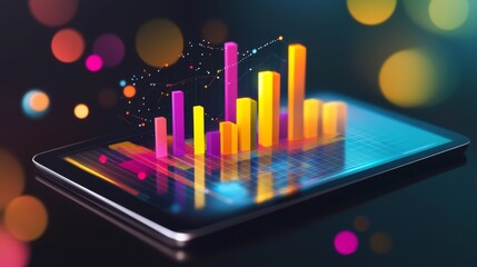 Fototapete - A flat lay of a digital tablet showing a D bar graph, with bars popping out of the screen, symbolizing interactive data analysis in a modern business setting.