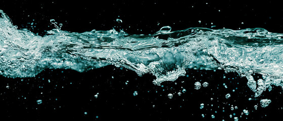 Poster - Dynamic movement of water bubbles with popping effects over a black background