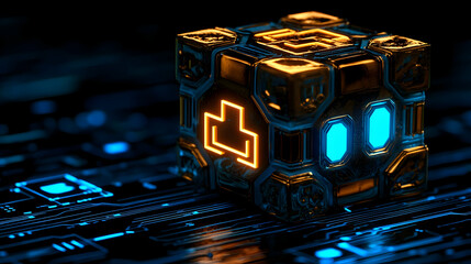 Poster - golden tech cube on circuit board