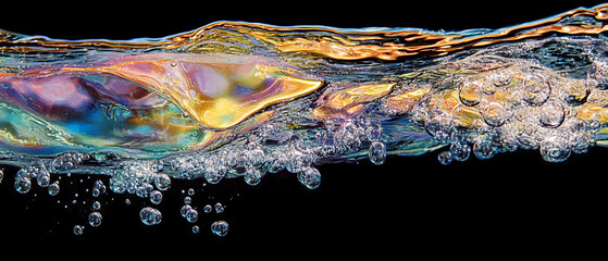 Poster - Underwater bubbles create an enchanting texture in deep water with a black backdrop