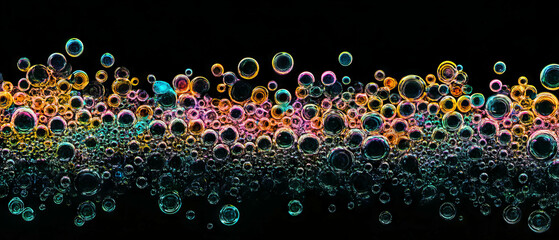 Poster - Colorful water bubbles create a stunning texture on a deep black background with organized patterns