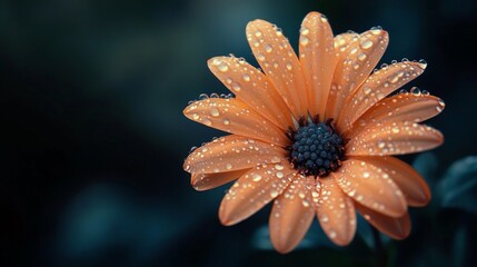 Poster - A flower with dew drops on its petals against a dark background, with the droplets reflecting light and adding a sense of depth and richness to the image.