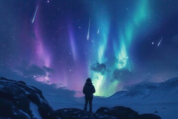 Wall Mural - a dreamy nightscape with a silhouetted child gazing upward, surrounded by swirling cosmic clouds, shooting stars, and ethereal aurora borealis in purple and blue hues, creating a magical atmosphere