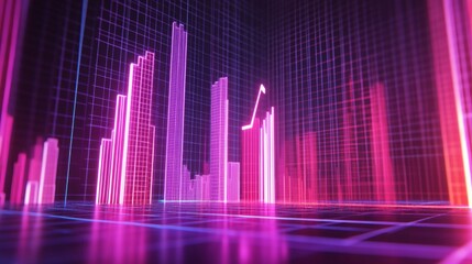Aufkleber - A futuristic D bar chart with tall, glowing columns and an upward trending arrow, hovering over a dark digital background filled with grid patterns