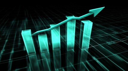 Aufkleber - A futuristic D bar chart with tall, glowing columns and an upward trending arrow, hovering over a dark digital background filled with grid patterns