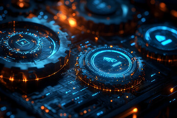 Poster - Futuristic tech gears, data processing, circuit board