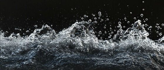 Poster - Bubbles rising and bursting in water with dynamic movement against a black background