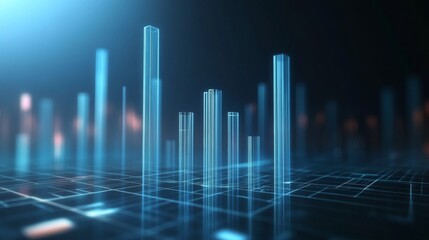 Fototapete - A futuristic D bar graph floating in space, with transparent bars of different heights, set against a dark background, symbolizing high-tech data visualization.