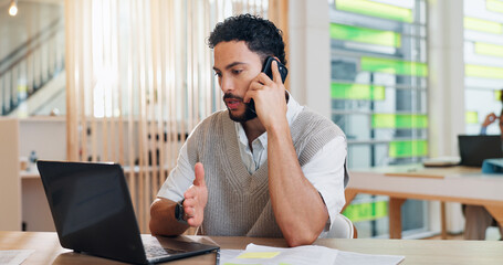 Poster - Financial advisor, man and laptop with phone call in office for investment advice, debt management or account review. Business, advisory and consulting client for finance plan and negotiation at desk