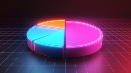 Leinwandbilder - A futuristic D pie chart with floating segments, each glowing with neon lights, set against a dark grid background, representing financial data visualization