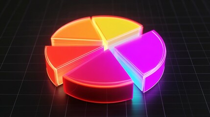 Leinwandbilder - A futuristic D pie chart with floating segments, each glowing with neon lights, set against a dark grid background, representing financial data visualization