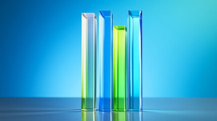 Poster - a futuristic bar graph with transparent bars glowing in shades of blue and green, hovering above a r