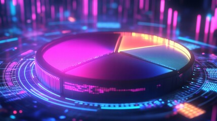 Poster - A futuristic D pie chart with glowing neon segments, rotating in a digital space, symbolizing modern data visualization and business analytics.