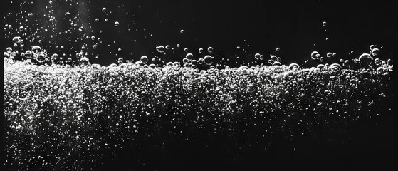 Poster - Water bubbles create effervescence effect in carbonated liquid against black background