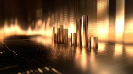 Poster - A futuristic financial bar chart with glowing bars in metallic tones, displayed on a reflective surface with subtle digital elements in the background