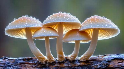 Poster - A group of mushrooms on a log, each topped with glistening dew droplets, captured in soft morning light filtering through the trees