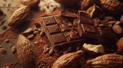 Poster - A high-angle view of a chocolate bar broken into pieces, with whole cocoa beans and cocoa pods artfully placed around it for contrast