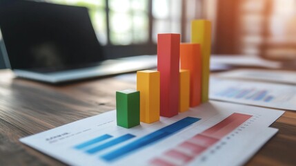 Fototapete - A high-angle view of a colorful D bar graph on a sleek office desk, with documents and a laptop in the background, representing business strategy and progress.