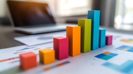 Poster - A high-angle view of a colorful D bar graph on a sleek office desk, with documents and a laptop in the background, representing business strategy and progress.